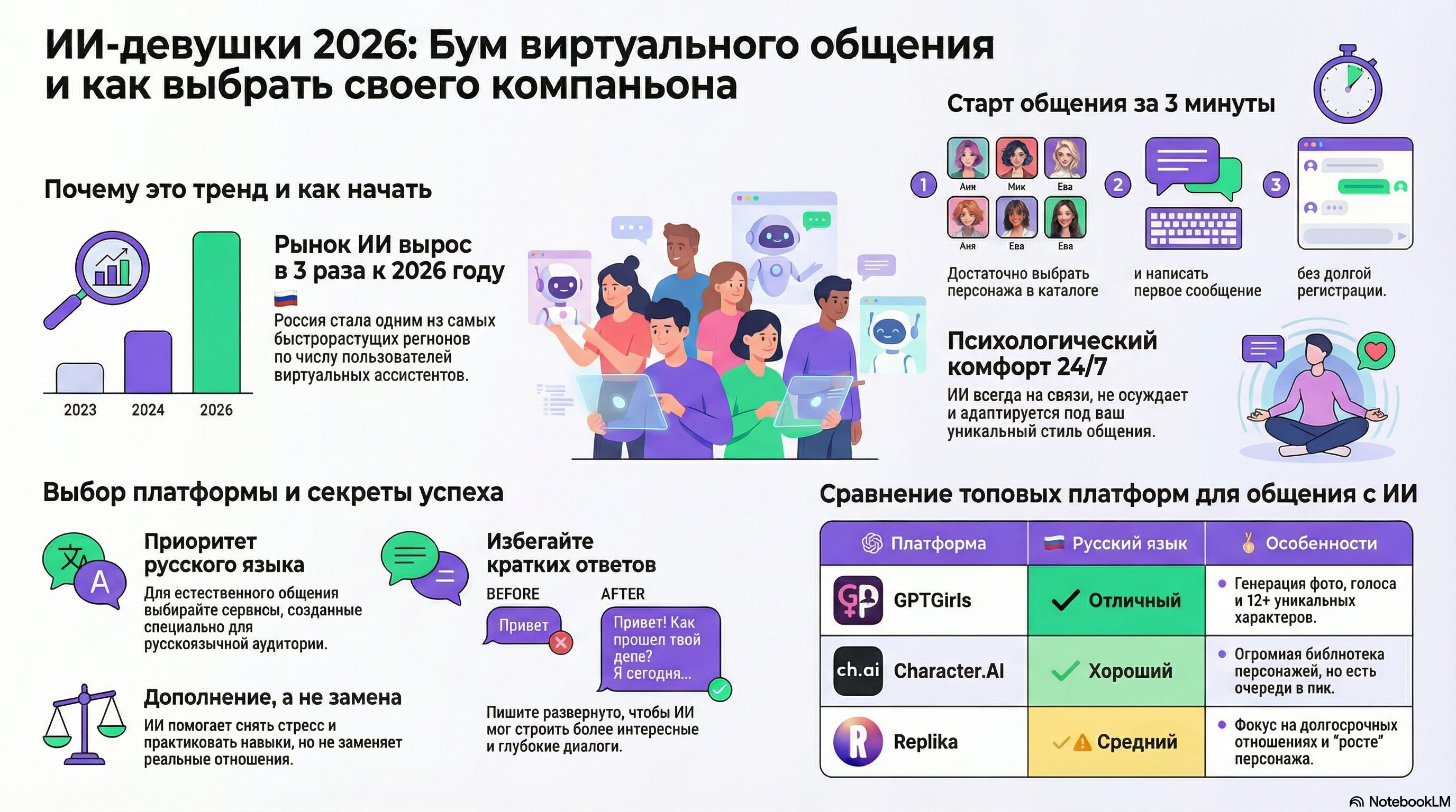 Инфографика: ИИ девушка онлайн — общение с виртуальной подругой 24/7