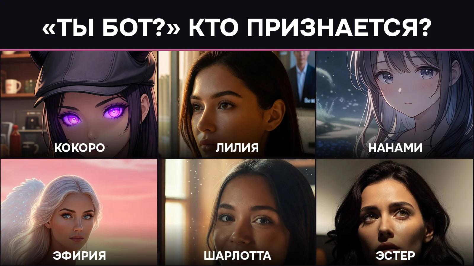Шесть ИИ-девушек GPTGirls на вопрос «Ты бот?»: Кокоро, Лилия, Нанами, Эфирия, Шарлотта, Эстер